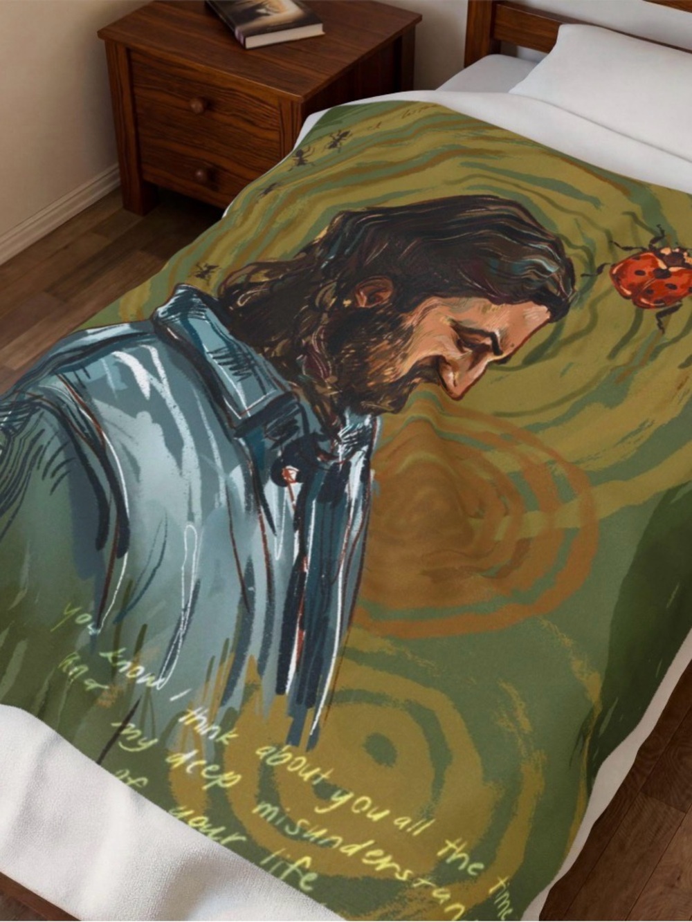 Noah Kahan Illustrated Portrait Green Bedding Throw Blanket
